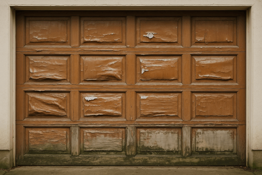 Old wooden garage door with peeling paint and warped panels, showing need for garage door repairs or replacement.