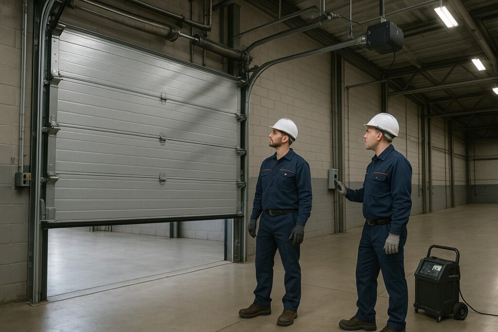 Technicians inspecting opener function during commercial garage door repair.