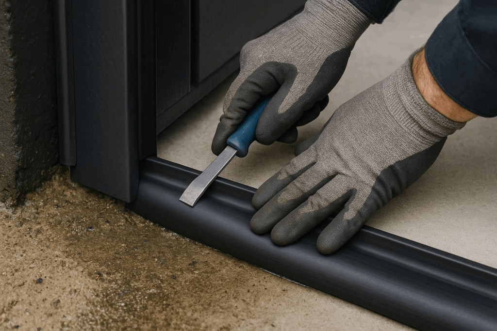 Technician installing garage door weather stripping bottom seal with hand tools.