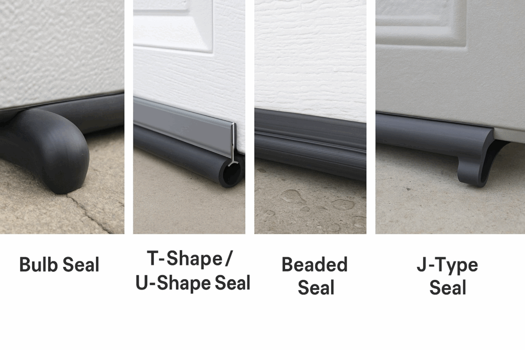 Garage door weather stripping bottom seal types including bulb seal, T-shape seal, beaded seal, and J-type seal.