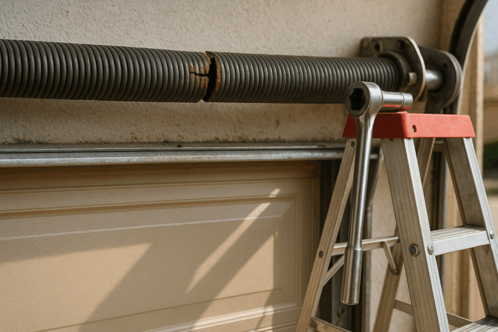 Close-up of broken and rusty garage door torsion spring above garage door with ladder and wrench, showing urgent need to repair garage door.