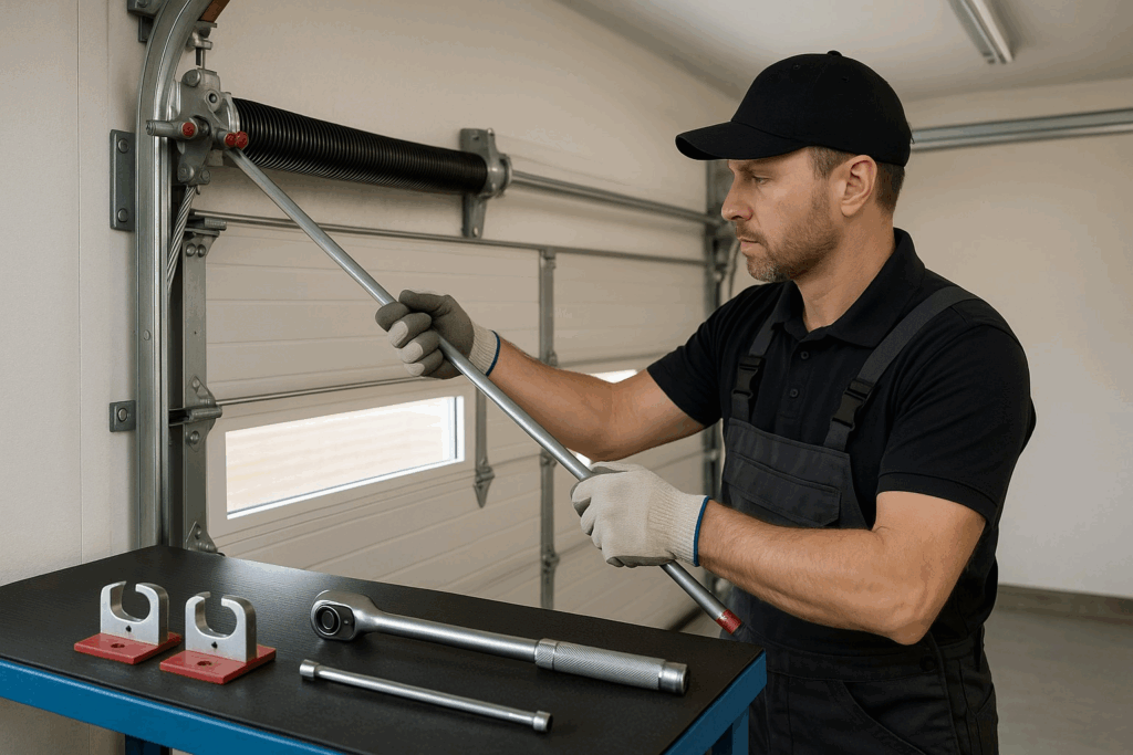 Professional technician adjusting torsion spring to repair garage door using specialized tools.