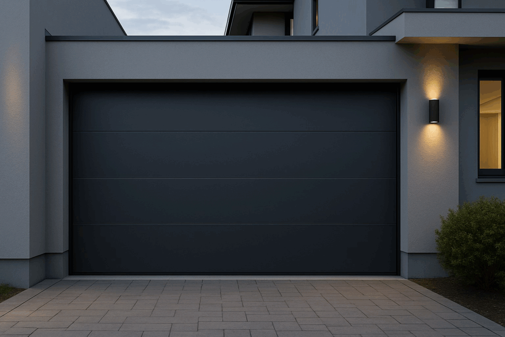Minimalist dark modern garage doors on stylish contemporary home exterior.