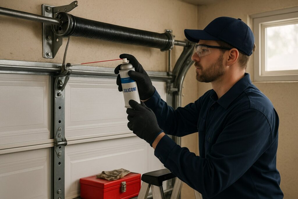 Technician performing garage door maintenance by applying silicone lubricant to torsion springs for smoother operation.