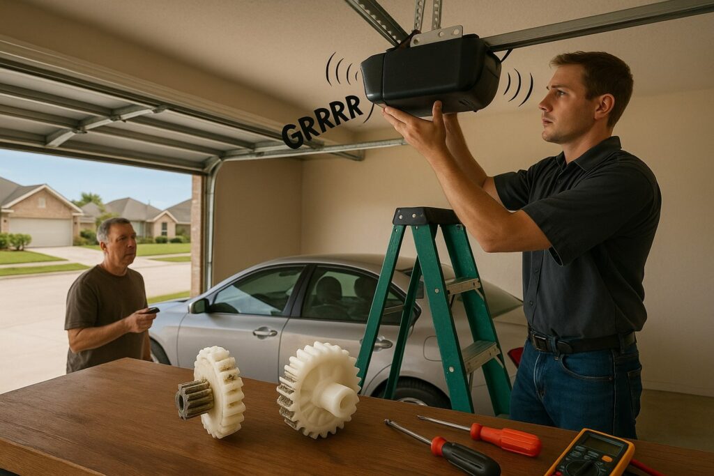 Technician performing a garage door tune-up, testing wall control and remote operation for smooth and reliable door performance.